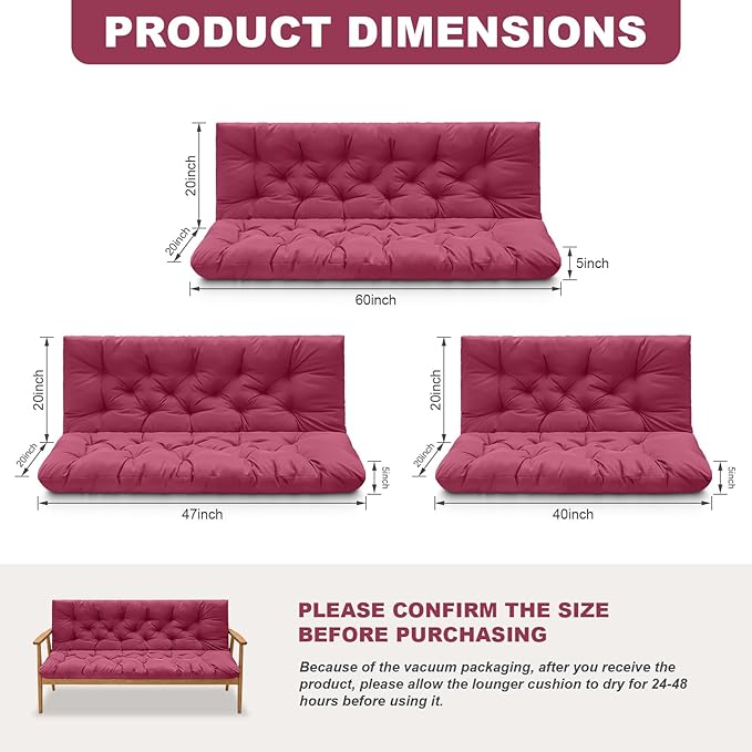 Porch Swing Cushions,Outdoor Cushions 3 Seater Replacement with Backrest, Waterproof Thickened Bench Cushion with Ties for Porch, Patio,Outdoor, Backyard and Garden (Wine Red 47 * 40 in)
