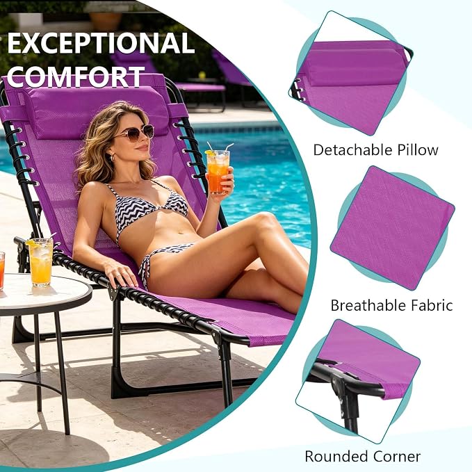 Outdoor Sun Tanning Chair Folding, Heavy Duty Adjustable 4-Position Folding Laying Out Chairs for Tanning, Beach Lounge Chairs for Adults for Sunbathing Patio Pool Lawn (Purple)