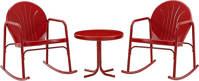 Crosley Furniture Griffith 3-Piece Outdoor Rocking Chair and Side Table Set, Retro Metal Bistro Patio Sets, Bright Red Gloss