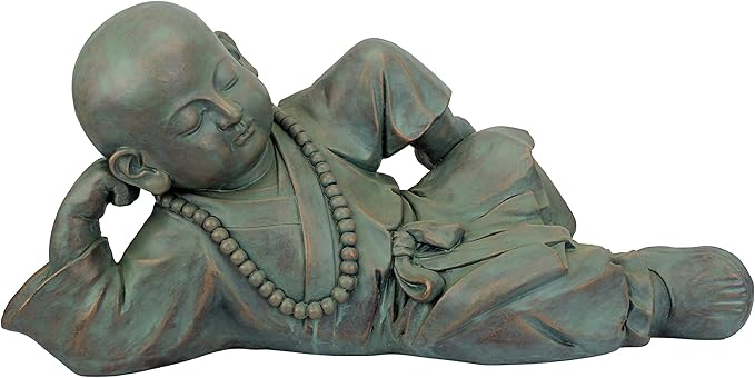 Design Toscano Resting Serene Baby Monk Asian Boy Garden Statue, 24 inches Wide, 12 inches Tall, Cast Stone Resin, Green Bronze Finish