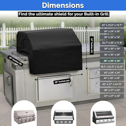 Covers & All Built-in Grill Cover for Outdoor Grill – Heavy Duty 12 oz Waterproof Built-in BBQ Grill Cover, PVC-Coated Polyester with Elastic Hem for Snug Fit (38 x 28 x 24 inches, Black)