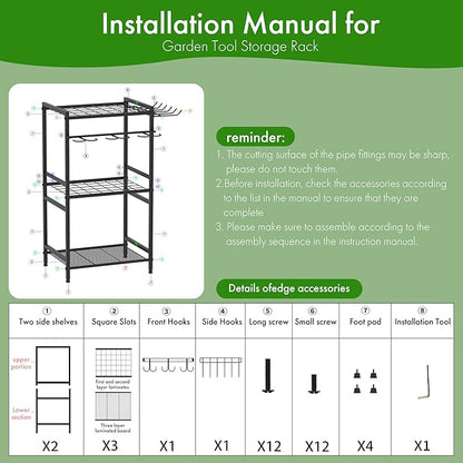 Garden Tool Organizer - 70-Hole Garage Storage Rack with Adjustable Feet & T-Handle Hooks, Broom/Mop Holder for Yard, Shed, Multi-Scene Use, No-Tool Assembly，Rack for Garage Organization Black