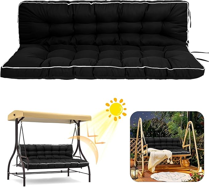 2/3 Seater Swing Replacement Cushion, Waterproof Porch Swing Cushions with Backrest, Thickened Bench Cushions for Outdoor Furniture, for Outdoor Patio Swing (Black, 55 * 40in)