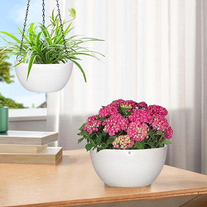 13 inch Hanging Planters for Indoor Outdoor Plants, 2 Pack Hanging Pots with Drainage Holes and Chain, Plastic Hanging Plant Pots for Garden Home Decor, White