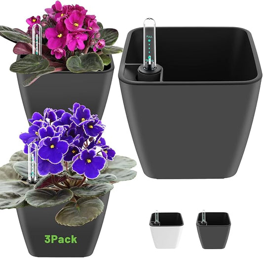 Self Watering Planters for Indoor Plants, 5.2 Inch 3 Pack Square Plastic Plant Pots with Water Level Indicator & Drainage System for African Violet Herbs Succulents - Gery