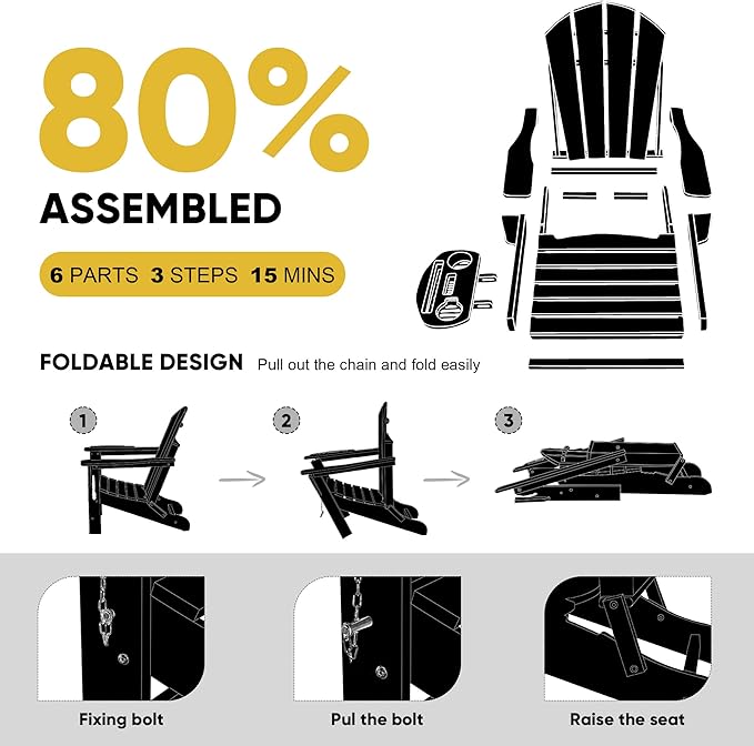 Adirondack Chair, HDPE Folding Adirondack Chair with Multifunctional Cup Holder, Weather Resistant Fire Pit Chair for porches, patios, patios, poolsides, Decks.