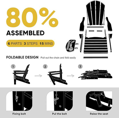 Adirondack Chair, HDPE Folding Adirondack Chair with Multifunctional Cup Holder, Weather Resistant Fire Pit Chair for porches, patios, patios, poolsides, Decks.