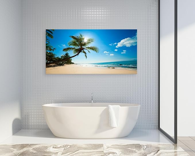 Muolunna ARX0698 Large Canvas Wall Art Summer Ocean Waves Prints Coconut Trees Beach Seascape Painting Hawaii Sea Nature Pictures Stretched and Framed for Living Room Home Office Wall Decor