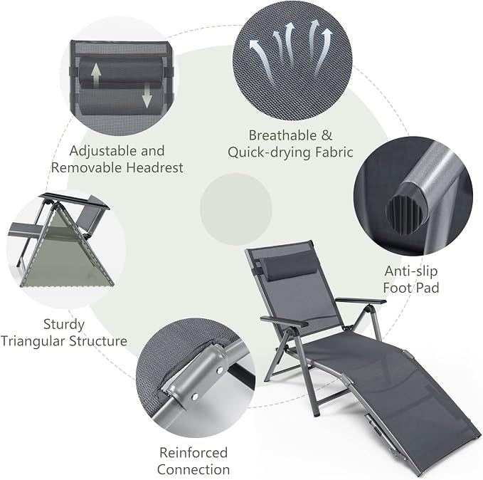Tangkula Outdoor Aluminum Chaise Lounge Chair, Patio Folding Chaise with 8 Back and 2 Leg Adjustable Positions, Lounge Recliner with Quick-Drying Fabric for Poolside, Backyard, Beach