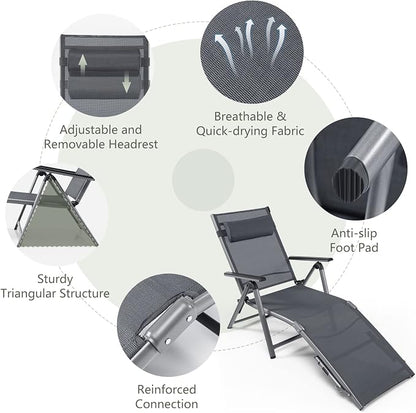Tangkula Outdoor Aluminum Chaise Lounge Chair, Patio Folding Chaise with 8 Back and 2 Leg Adjustable Positions, Lounge Recliner with Quick-Drying Fabric for Poolside, Backyard, Beach