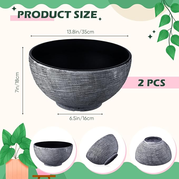 2 Pcs 13.8 Inch Lotus Bowl Planter Large Water Lily Pots Succulent Hydroponic Bowl Pot Flower Planting Pot for Outdoor Indoor Plant Mini Fish Pond No Drainage Hole(Gray)