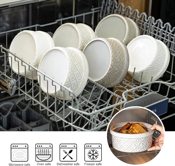 40oz Large Ceramic Mixing Bowls with Lids Set of 4, Ramekin Bowls Oven Safe, Serving Bowls with Lids, Meal Prep Containers, Airtight Food Storage Containers Set for Housewarming, White