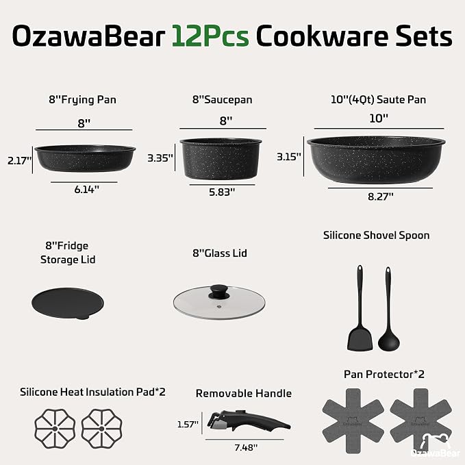 12 Pcs Pots and Pans Set Non Stick, Ceramic Cookware Set Non Toxic with Detachable Handles, Healthy Induction Cookware Oven Safe RV Kitchen Set, PFAS PFOA & PTFE Free, Black