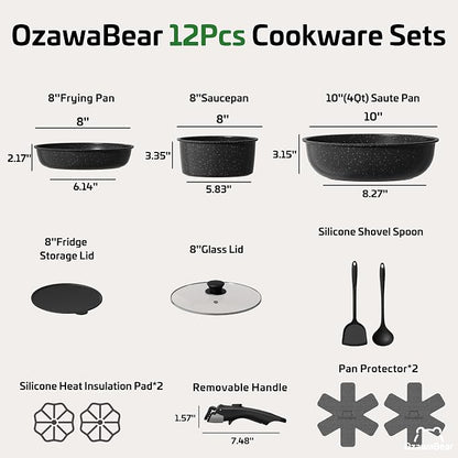 12 Pcs Pots and Pans Set Non Stick, Ceramic Cookware Set Non Toxic with Detachable Handles, Healthy Induction Cookware Oven Safe RV Kitchen Set, PFAS PFOA & PTFE Free, Black