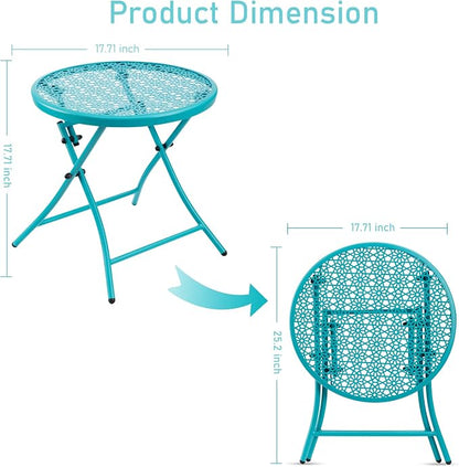 TeoKJ Folding Outdoor Side Tables, Anti Rust Small Patio Table Round Metal Nightstand with Flower Cutouts for Porch Yard Balcony Deck Lawn, Blue