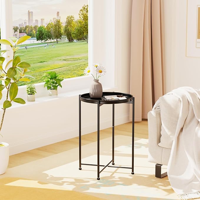 Garden 4 you Small Side Table, Mini Round End Table, Tray Table with Metal Frame, Modern Nightstand for Living Room, Bedroom, Patio, Small Space, 2pcs