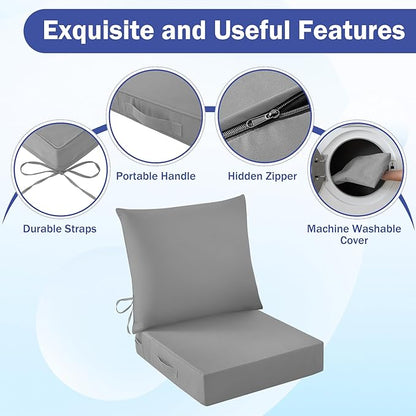 IASEAHK Outdoor Seat Cushion Set, Waterproof & Fade Resistant Patio Chair Cushions, Outdoors Cushion for Patio Furniture, 24 x 24 x 5.75 Inch, Outdoor Couch Cushions with Handle and Ties, Grey