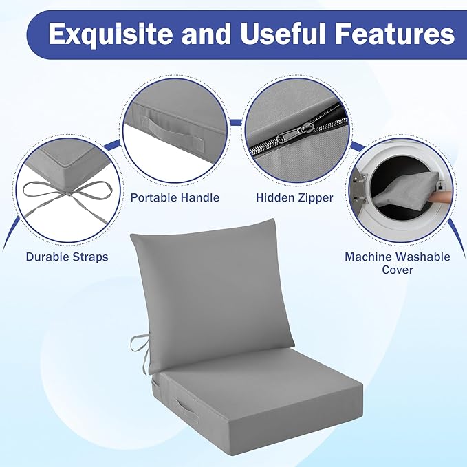 IASEAHK Outdoor Seat Cushion Set, Waterproof & Fade Resistant Patio Chair Cushions, Outdoors Cushion for Patio Furniture, 24 x 24 x 4 Inch, Outdoor Couch Cushions with Handle and Ties, Grey