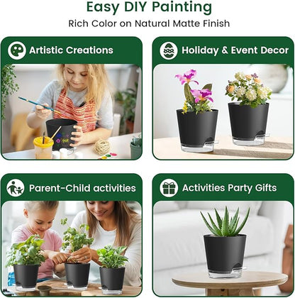 6 inch Self Watering Pots for Indoor Outdoor Plants, 6 Pack Flower Plant Pots with Drainage Holes and Clear Reservoirs, Visible Water Level, Plastic Planters with Wicking Rope, Black