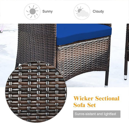 Goplus 4-Piece Rattan Patio Set, Outdoor/Indoor Wicker Conversation Set for Pool, Backyard, Lawn, Wicker Chairs and Sofa with Soft Cushion, Rattan Furniture with Tempered Glass Coffee Table