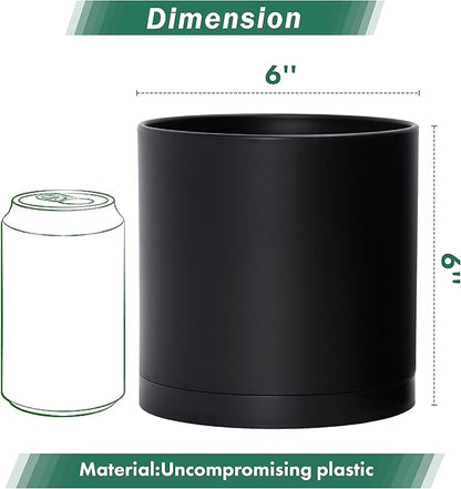 D'vine Dev 2 Pack 6 Inch Modern Plastic Plant Pots, Small Garden Planters for Plant with Drainage Holes and Saucers, Black Color, 74-Y-J-1