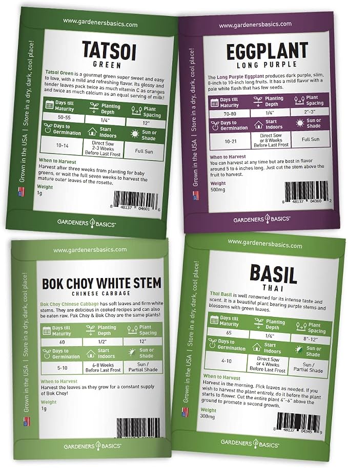 Gardeners Basics, Asian Vegetable Seeds for Planting 8 Packets Bok Choy, Michihili (Napa) Chinese Cabbage, Tatsoi, Onion, White Radish, Serrano, Eggplant for Your Non GMO Heirloom Vegetable Garden