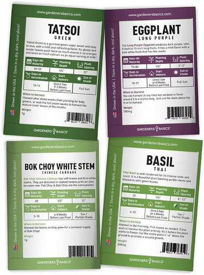 Gardeners Basics, Asian Vegetable Seeds for Planting 8 Packets Bok Choy, Michihili (Napa) Chinese Cabbage, Tatsoi, Onion, White Radish, Serrano, Eggplant for Your Non GMO Heirloom Vegetable Garden