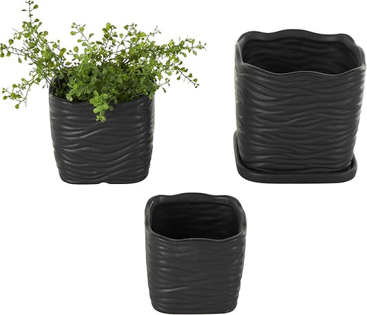 Deco 79 Ceramic Indoor Outdoor Planter Wavy Ribbed Large Planter Pot with Attached Saucer, Set of 3 Planters 7",6",5" H, Black