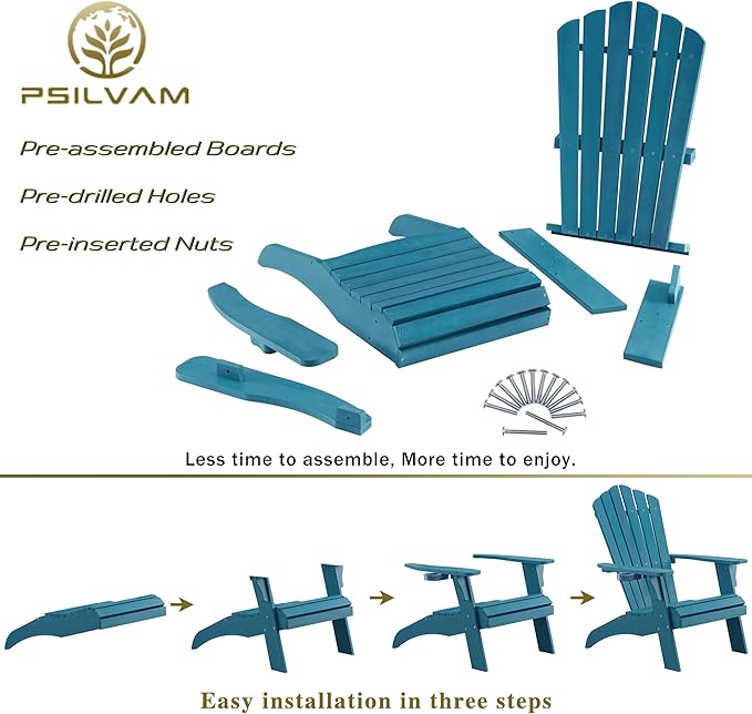 Psilvam Adirondack Chair, Oversized Poly Lumber Fire Pit Chair with Cup Holder, 350Lbs Support Patio Chairs for Garden, Weather Resistant Outdoors Seating, Relaxing Gift for Father & Mother (4, Blue)