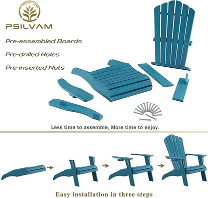 Psilvam Adirondack Chair, Oversized Poly Lumber Fire Pit Chair with Cup Holder, 350Lbs Support Patio Chairs for Garden, Weather Resistant Outdoors Seating, Relaxing Gift for Father & Mother (4, Blue)