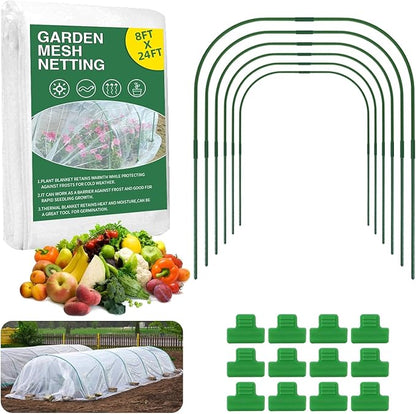 Garden Netting Kit for Raised Beds, 8x24Ft Ultra Fine Mesh Netting with 6 Sets Garden Hoops, Plant Row Cover Insect Netting Birds Pest Barrier Net for Vegetable Fruit Flowers