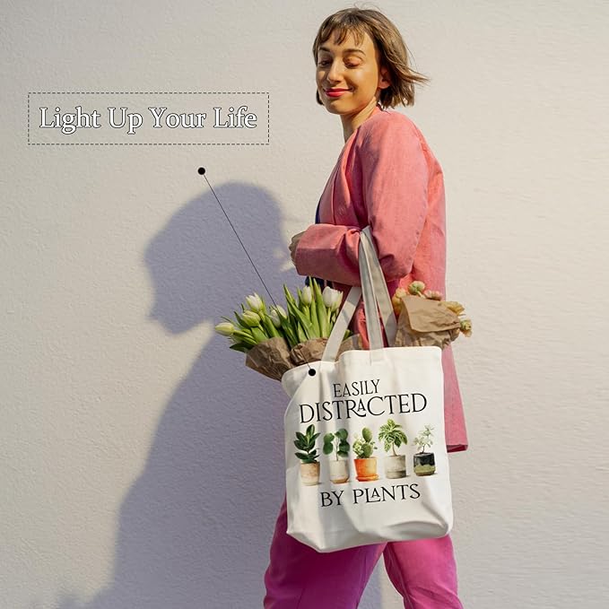 Funny Plant Tote Bag, Plant Lover Mom Lady Gifts Canvas Tote Bags, Gardening Gardener Gifts for Women, Easily Distracted by Plants Reusable Grocery Shopping Bags