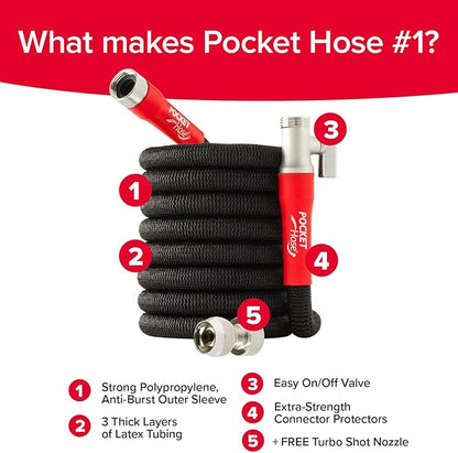 Pocket Hose 75 FT Silver Bullet 2.0 Expandable Garden Hose w/Turbo Shot Nozzle, AS SEEN ON TV, Lead-Free, Solid Aluminum Connectors, Easy On/Off Valve, Kink-Free, Leak-Proof