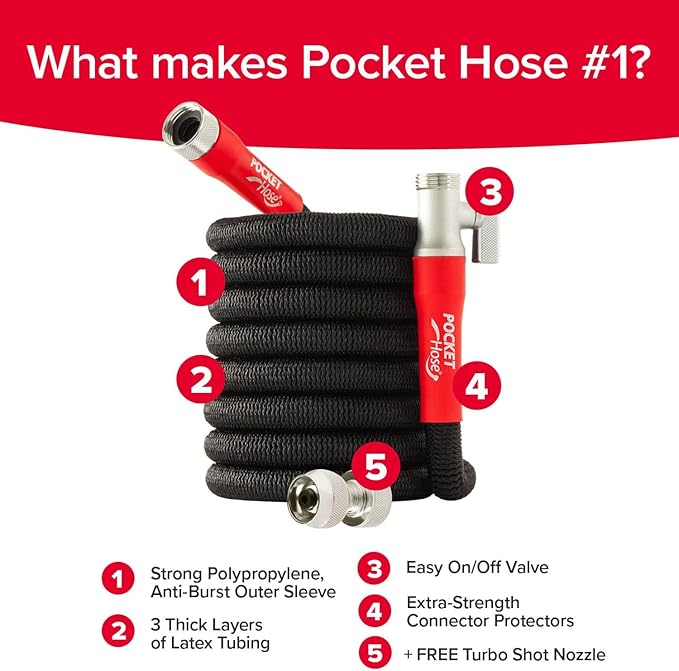 Pocket Hose 100 FT Silver Bullet 2.0 Expandable Garden Hose w/Turbo Shot Nozzle, AS SEEN ON TV, Lead-Free, Solid Aluminum Connectors, Easy On/Off Valve, Kink-Free, Leak-Proof