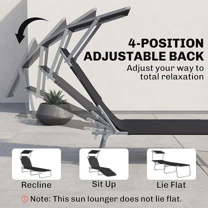Outsunny Outdoor Lounge Chair, Adjustable Folding Chaise Lounge, Tanning Chair with Sun Shade for Beach, Camping, Hiking, Backyard, Black