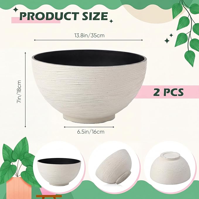2 Pcs 13.8 Inch Lotus Bowl Planter Large Water Lily Pots Succulent Hydroponic Bowl Pot Flower Planting Pot for Outdoor Indoor Plant Mini Fish Pond No Drainage Hole(Quartz White)