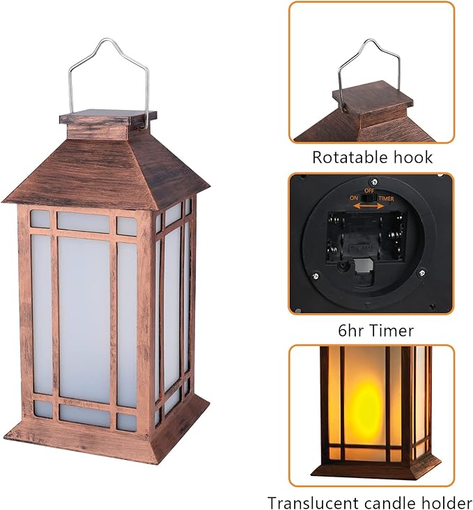 Bdor 2-Pack 13" Vintage Candle Lantern with Led Flameless Candle (6hr Timer) - IP65 Waterproof Battery Powered - Outdoor Patio Hanging Lanterns Decorative Tabletop Lanterns