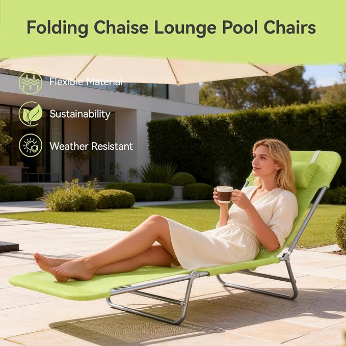 Outdoor Chaise Lounge with Detachable Pillow, Reclining Folding Chair with 5-Position Adjustable Back, Portable Tanning Chair for Beach, Pool, Lawn, Breathable Mesh Seat, No Assembly