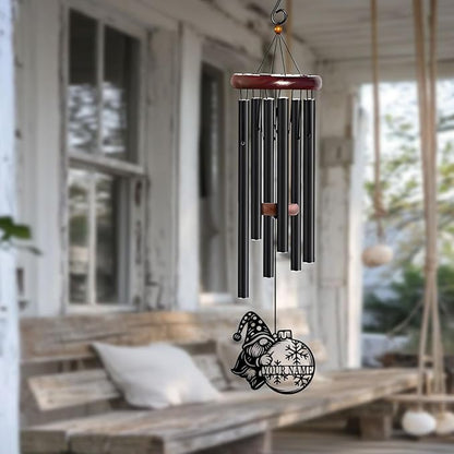 Personalized Customize Name Gnome Wind Chime, Metal Iron 37 Inch Outdoor Memorial Gift for Garden Yard Patio Home Decor, Black，Christmas (Style G)