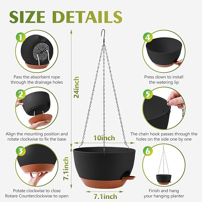 GARDIFE Hanging Planters for Indoor Outdoor Plants, 2 Pack Self Watering Hanging Pot with Drainage Holes & Removable Tray (Black, 10 inch)