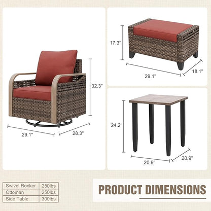 Modern Wicker Bistro Table and Chairs Set, Rattan Outdoor Bistro Set with Swivel Rocking Chairs, Ottomans & Table, 5 Pieces, Brown/Red