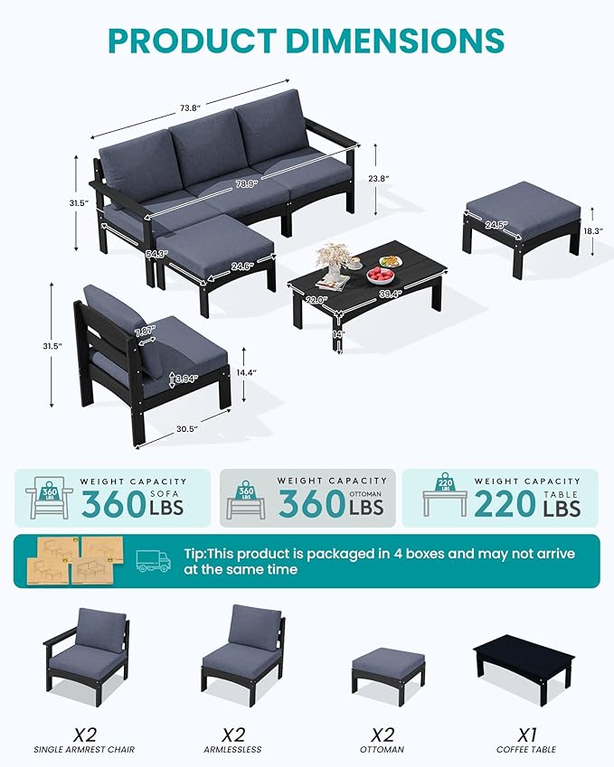 SERWALL 7 Pieces HDPE Patio Furniture Set with with 15FT Double Side Patio Umbrella, Patio Conversation Set, All-Weather Modular Patio Sofa Set for Deck, Garden, Porch, Black Frame with Grey Cushion