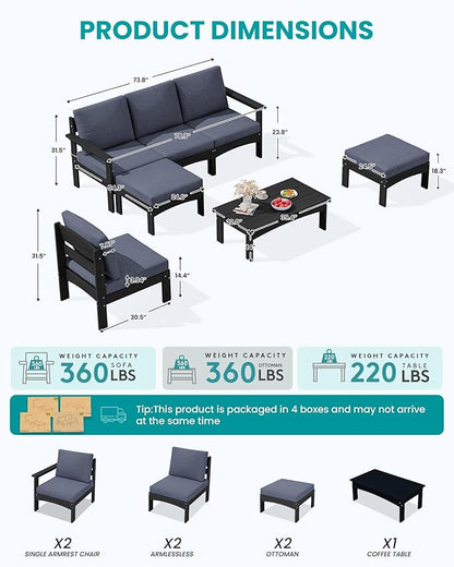 SERWALL 7 Pieces HDPE Patio Furniture Set with with 15FT Double Side Patio Umbrella, Patio Conversation Set, All-Weather Modular Patio Sofa Set for Deck, Garden, Porch, Black Frame with Grey Cushion