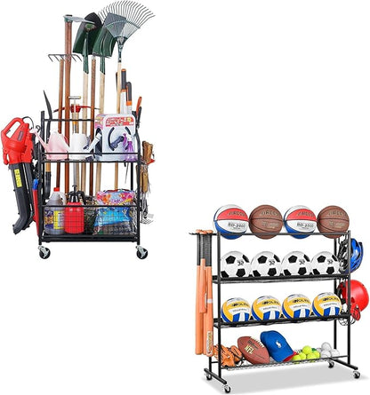 Mythinglogic Garden Alloy Steel Tool Organizer for Garage, Basketball Rack, Ball Storage with Baseball Bat Holder