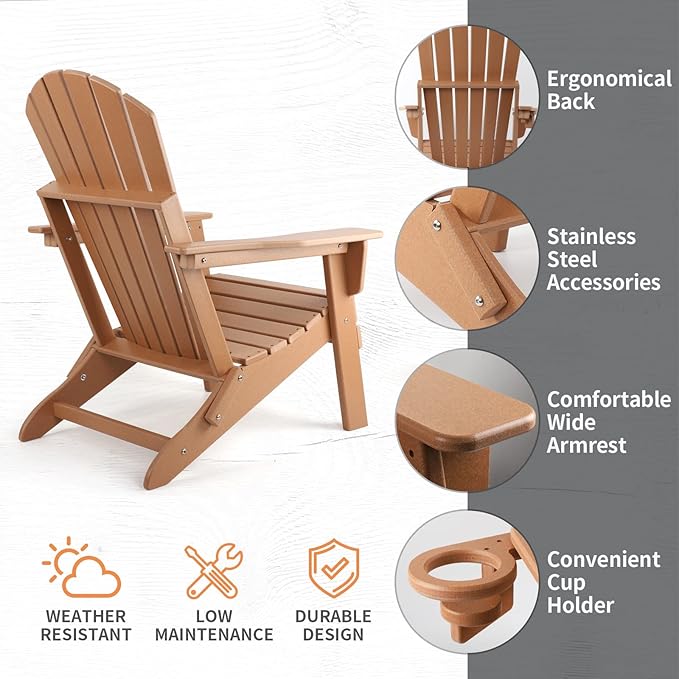 FUNBERRY Folding Adirondack Chair, All Weather HDPE Fire Pit Chairs with Cup Holder for Outdoor