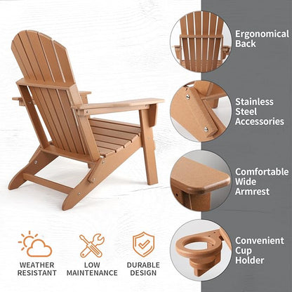 FUNBERRY Folding Adirondack Chair, All Weather HDPE Fire Pit Chairs with Cup Holder for Outdoor