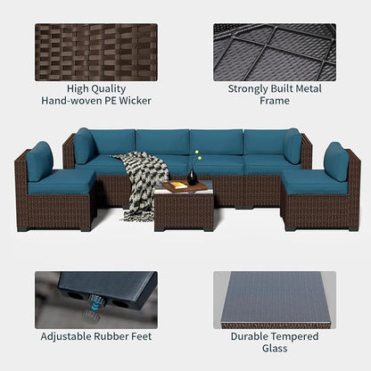 7-Piece Outdoor Sectional Patio Furniture Set, All-Weather Wicker Rattan Sofa w/Thick Washable Cushions & Tempered Glass Table, Perfect for Garden, Poolside, Backyard (7, Brown&Peacock Blue)