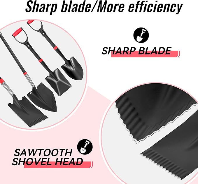 SHARK ATTACK 5-Piece Steel Shovel Set with D-Grip Handles Sifting Shovel- Multi-Size Garden Shovels with Powder Coating for Digging, Planting & Car Emergency