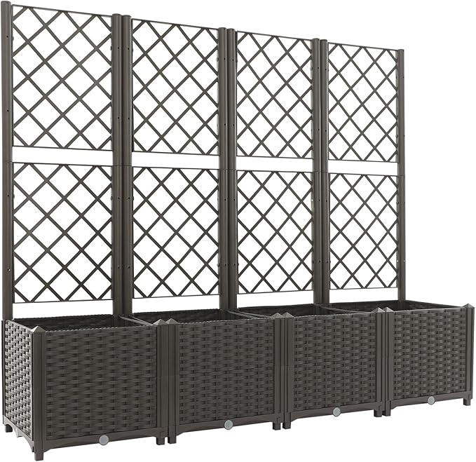 4 PCS Raised Garden Bed with Trellis, Plastic Planter Box for Climbing Plants, Outdoor Vertical Garden with Privacy Screen for Patio, Balcony, Backyard, Dark Brown