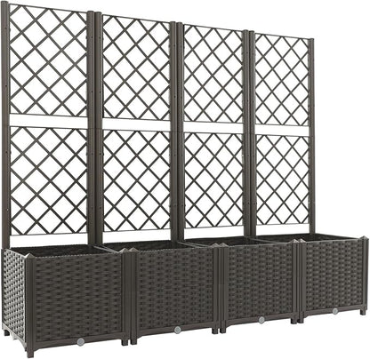 4 PCS Raised Garden Bed with Trellis, Plastic Planter Box for Climbing Plants, Outdoor Vertical Garden with Privacy Screen for Patio, Balcony, Backyard, Dark Brown